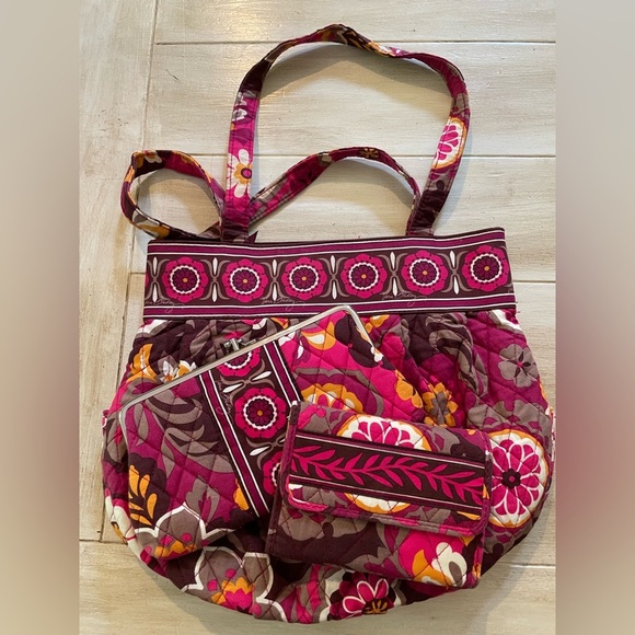 Vera Bradley 3 piece purse set. Burgundy Pink Gold retired pattern with … - Picture 1 of 9